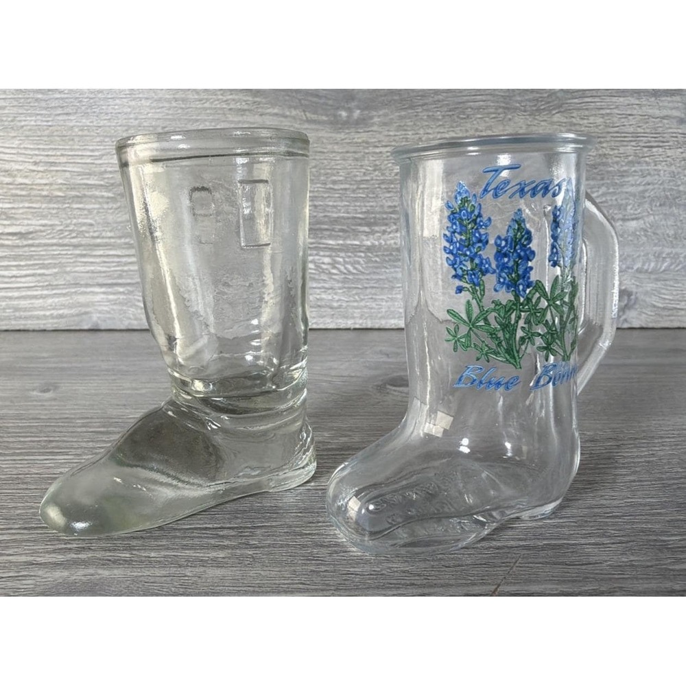 2 Vtg Clear Glass Cowboy Boot Shot Glasses Toothpick Holder Libbey Barware Texas